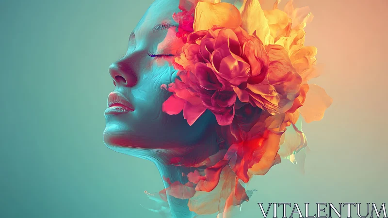 Surreal female profile merges with luminous abstract florals