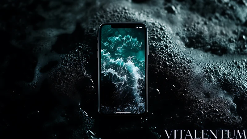 High-contrast smartphone on wet textured surface with ocean display