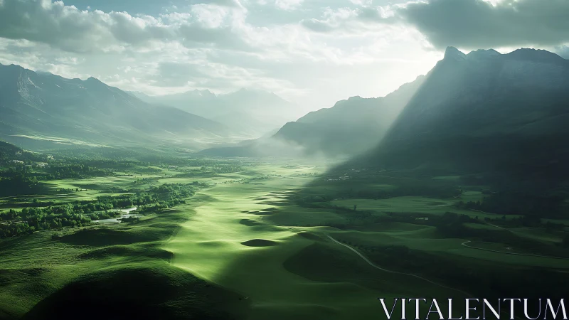 Sunlit rivers of grass drift quietly through the misty valley
