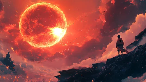 Lone anime figure observing colossal burning red sun.