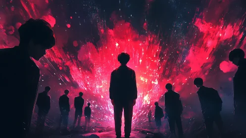 Silhouetted figures before explosive crimson cosmic rift.