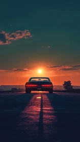 Sunset muscle car rides the glowing highway horizon blaze.
