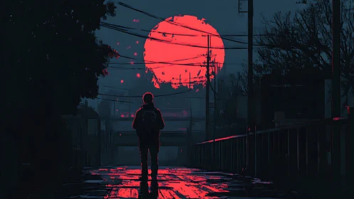 Neon red moon over solitary figure in rainy alleyway.