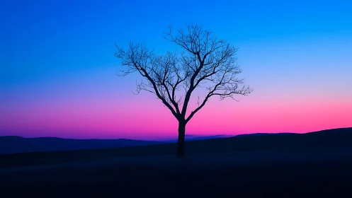 Lone tree silhouette against vibrant blue and pink sunset sky.