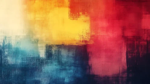 Vibrant Abstract Painting with Red, Yellow, and Blue Tones.