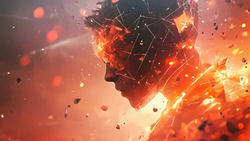 Shattered digital portrait glows through fractured ember light.