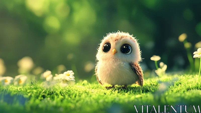 Adorable Cartoon Owl with Big Eyes in Sunlit Meadow Scene.