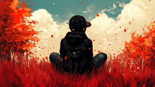 Autumn daydream kid in a crimson field of quiet storms.