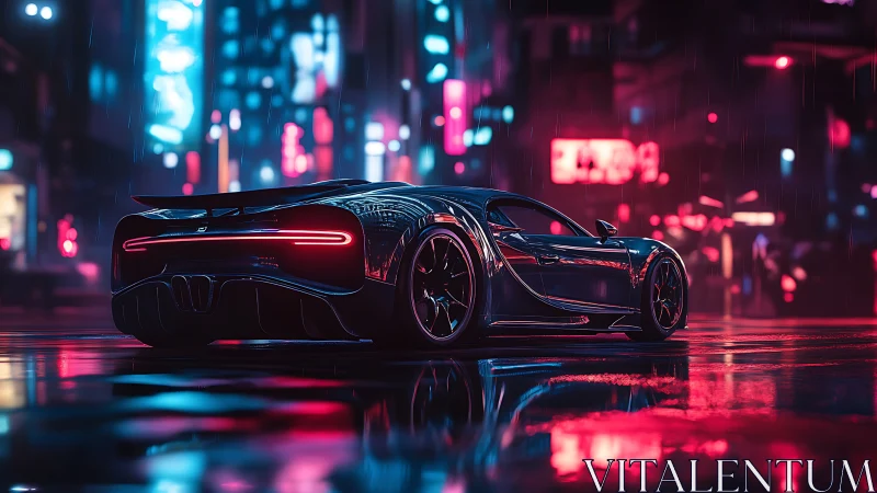 Sleek supercar in neon lit rainy night city street scene.