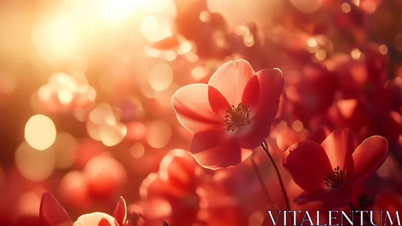 Backlighting and bokeh depth-of-field render of crimson flowers with translucent petal illumination.