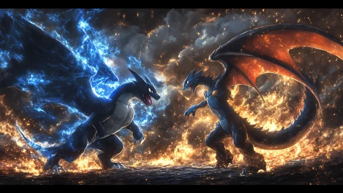 Twin dragon titans carve electric firestorms into the sky