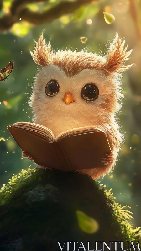 Adorable baby owl studies a book under glowing forest light.