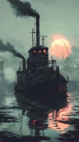 Rust-scarred steam tug advances through toxic fog under blood-red moon