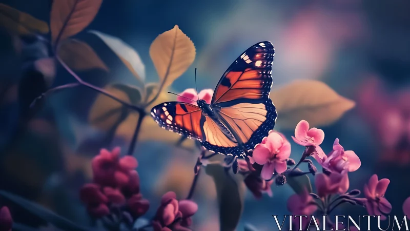 Radiant monarch butterfly rests softly in dreamy twilight garden