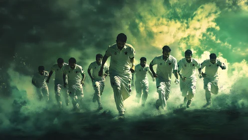 Cricket team in white kits running through green smoke field.