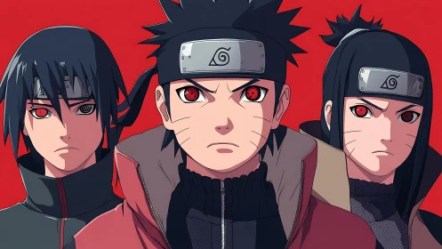 Three headband ninja figures with red eyes on red field.