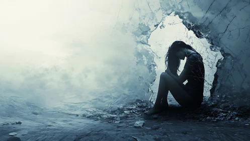 Silhouetted woman in broken ice cavern rendered in muted tones