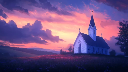 Country chapel glows softly beneath a radiant violet sunset
