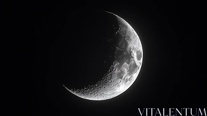Crescent moon in high-contrast telescopic lunar detail.