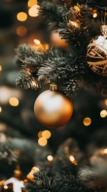 Defocused golden baubles on evergreen boughs with bokeh illumination.