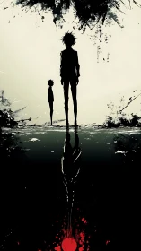 Two shadowed figures negotiate memory above a bleeding pool