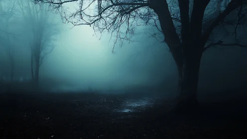 Moonlit fog drapes a silent, brooding forest threshold.