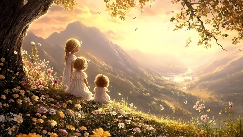 Children gaze over sunlit valley from wildflower hillside.