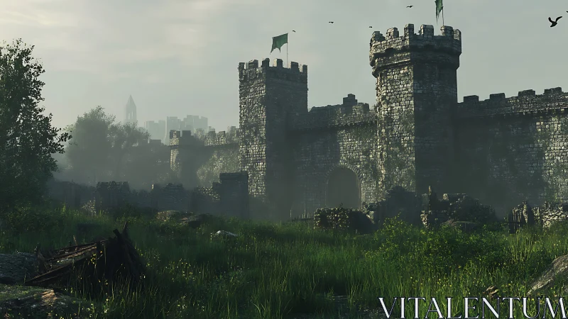 Weathered stone fortress with misty depth, overgrown ruins, and moody light