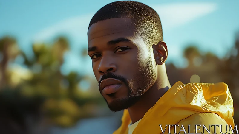 Portrait subject in golden hour light with yellow jacket.
