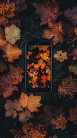 Photorealistic autumn leaves framed by smartphone display portal.