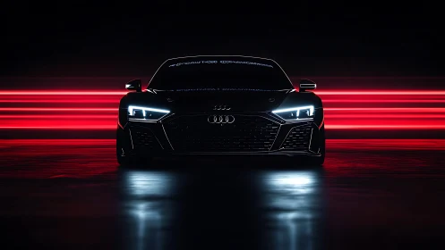 Audi sports coupe front view with red motion light trails.