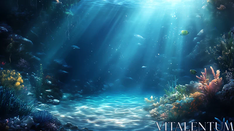 Sunlit coral reef cavern renders volumetric underwater depth