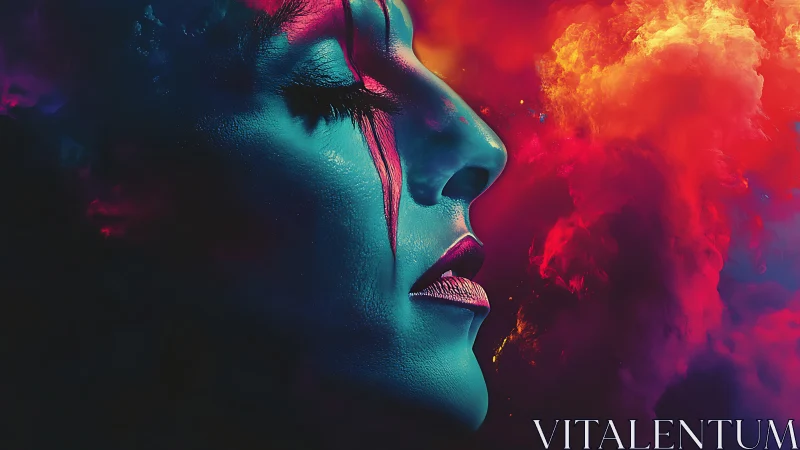 Profile of painted face against dense multicolor clouds.