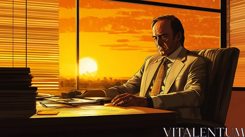 Sunset-weary executive drifting through a golden office hush.