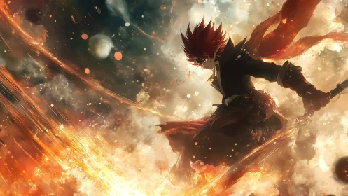 Fiery anime warrior leaping through explosive cosmic inferno.