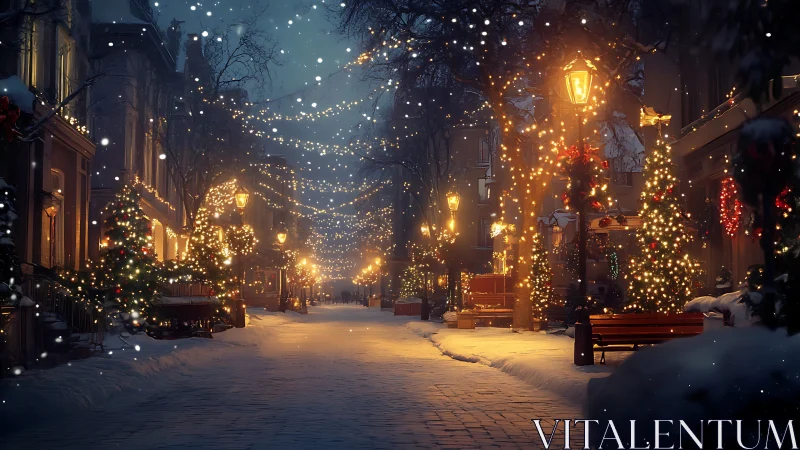 Snowy holiday street sparkles with warm festive lights tonight