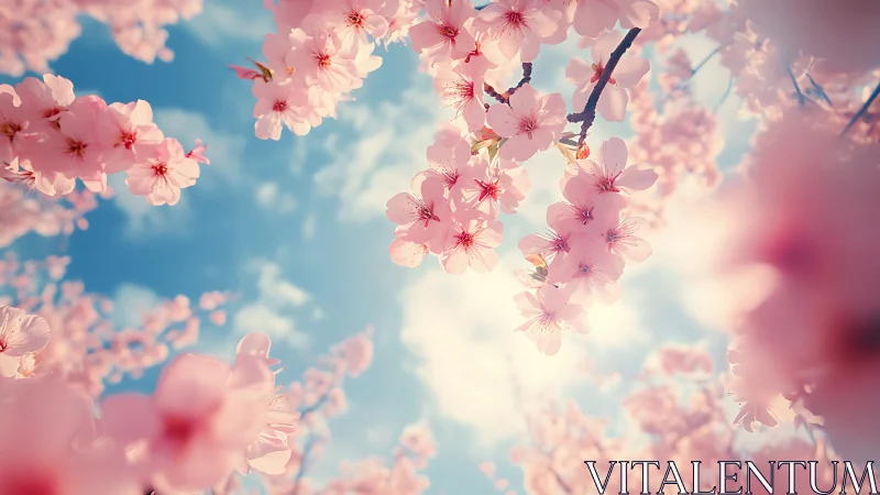 Pink Blossoms Against Blue Sky With Atmospheric Perspective.