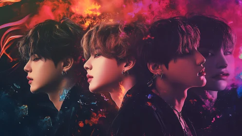 Multiple male profiles are composed against vivid color clouds