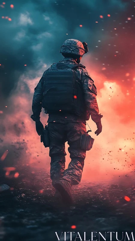 Lone soldier advances through blazing battlefield haze.