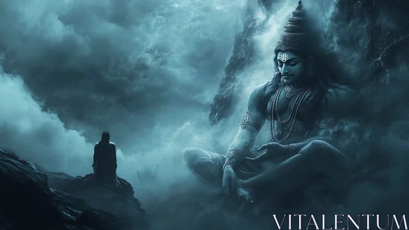 Large meditating deity figure in misty mountain environment.