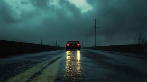 Solitary car on wet highway under storm-lit night sky.
