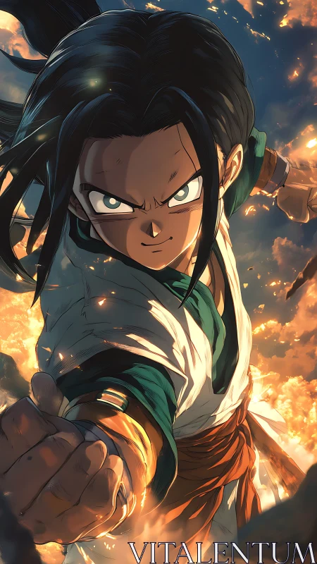 Anime warrior charges through blazing battlefield skies.