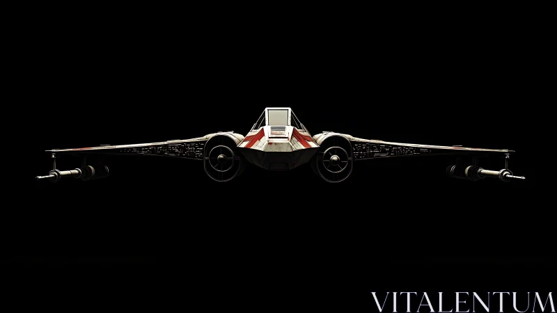 Wide-wing futuristic starfighter front view on black background.