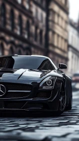 Black supercar prowls narrow European cobblestone street.