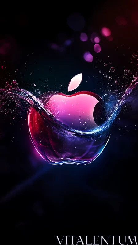 Chromatic glass apple emblem intersected by dynamic fluid arc