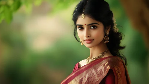 Elegant Indian woman in traditional saree, natural light portrait.