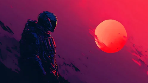 Solitary astronaut studies molten neon alien sunset sky.