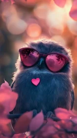 Cool owl in rosy sunglasses under soft sunset glow.