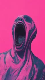 Abstract screaming figure in pink and dark teal swirl.