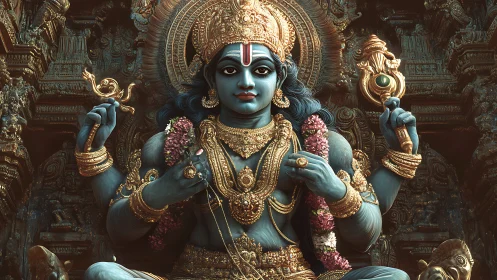 Serene blue deity crowned in gold and temple-shadowed splendor.
